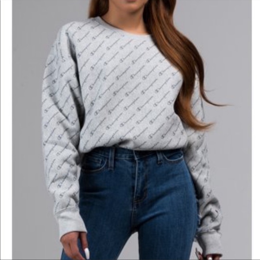 Champion Gray Reverse Weave All Over Logo Pullover Sweater